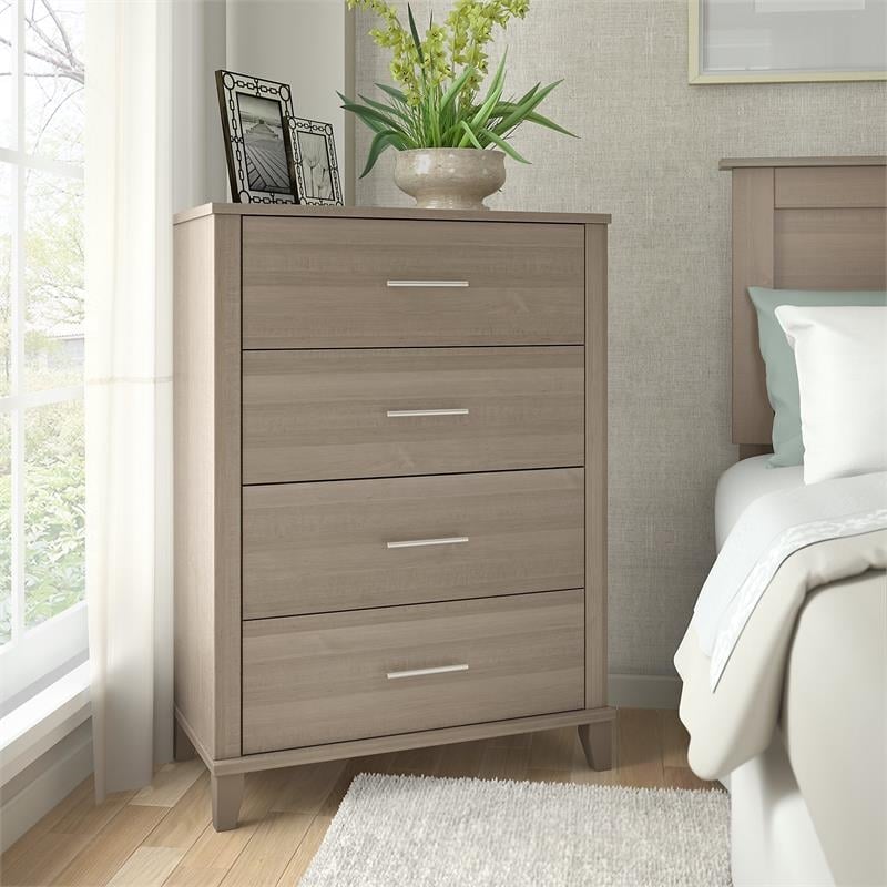 Pemberly Row Transitional Wood Chest of Drawers in Ash Gray/Satin Nickel