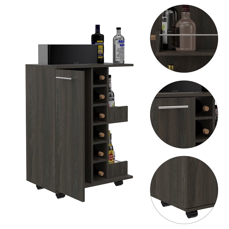 Pemberly Row Bar Cart Cabinet with 6-Cubbies and 2-Shelves in Espresso