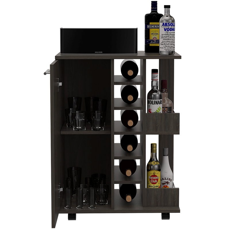 Pemberly Row Bar Cart Cabinet with 6-Cubbies and 2-Shelves in Espresso