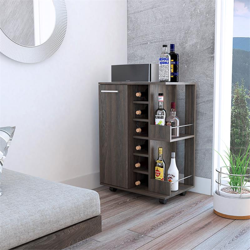 Pemberly Row Bar Cart Cabinet with 6-Cubbies and 2-Shelves in Espresso