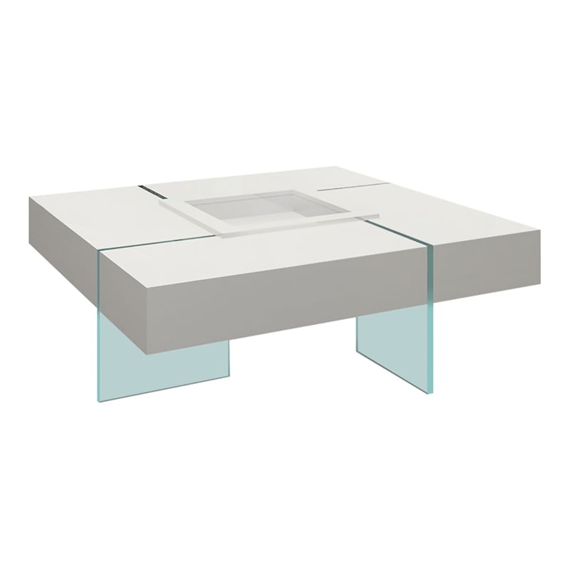 Pemberly Row Glass Coffee Table with Removeable Center Tray in White