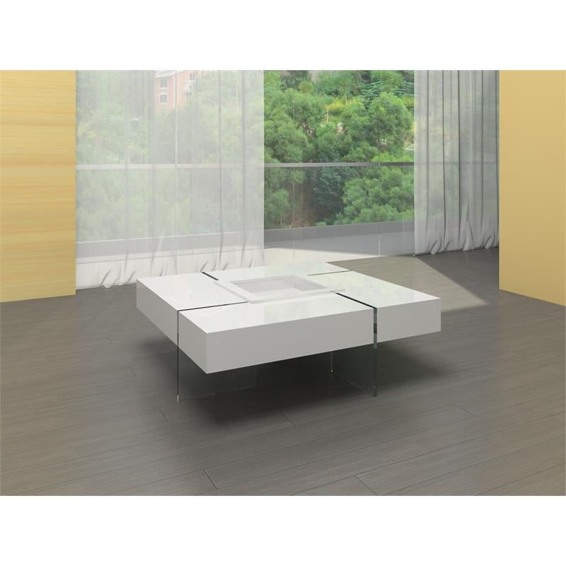 Pemberly Row Glass Coffee Table with Removeable Center Tray in White