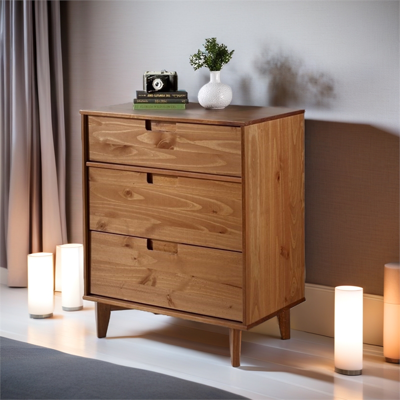 Pemberly Row 3 Drawer Mid Century Modern Wood Dresser in Caramel