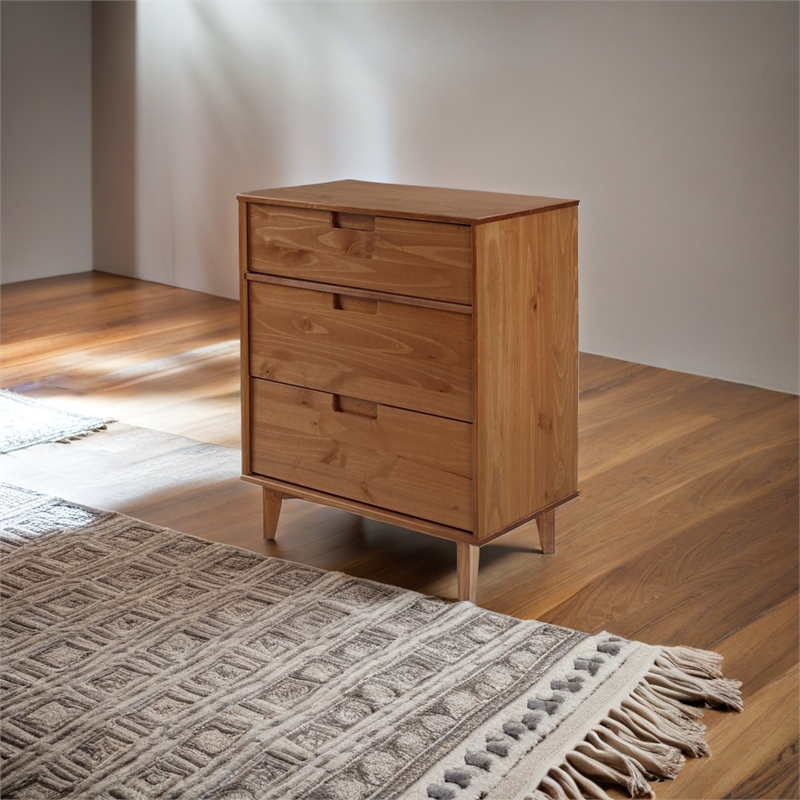 Pemberly Row 3 Drawer Mid Century Modern Wood Dresser in Caramel