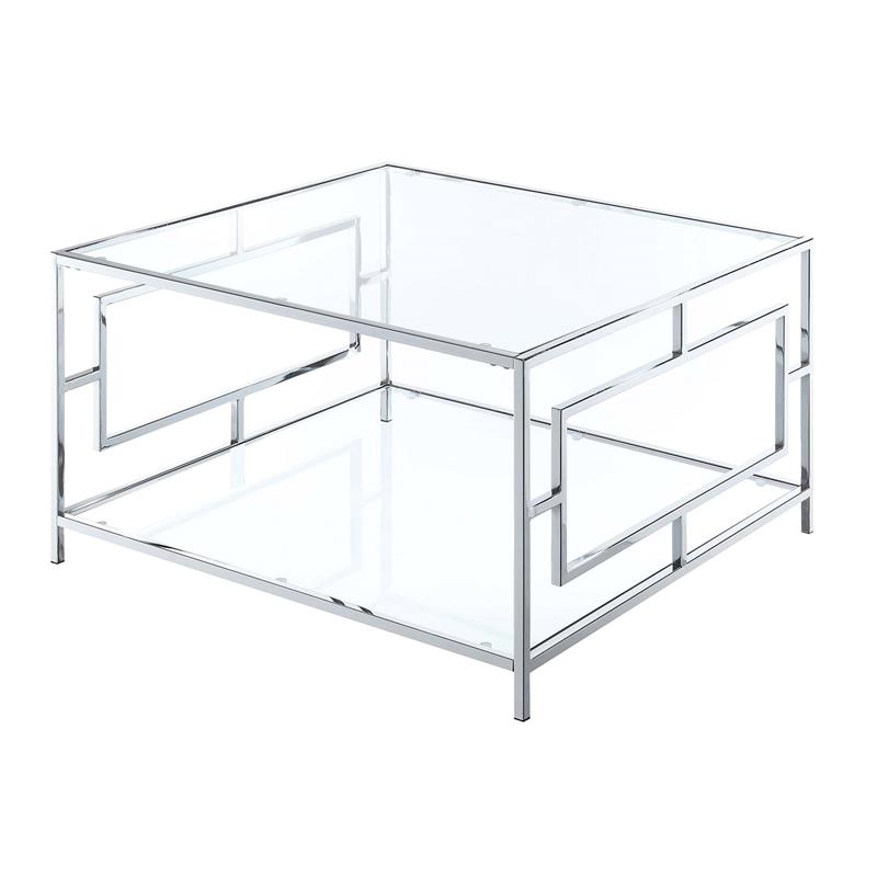 Pemberly Row Coffee Table in Clear Glass and Chrome Metal Frame