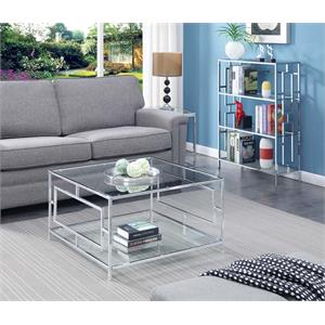 Pemberly Row Coffee Table in Clear Glass and Chrome Metal Frame