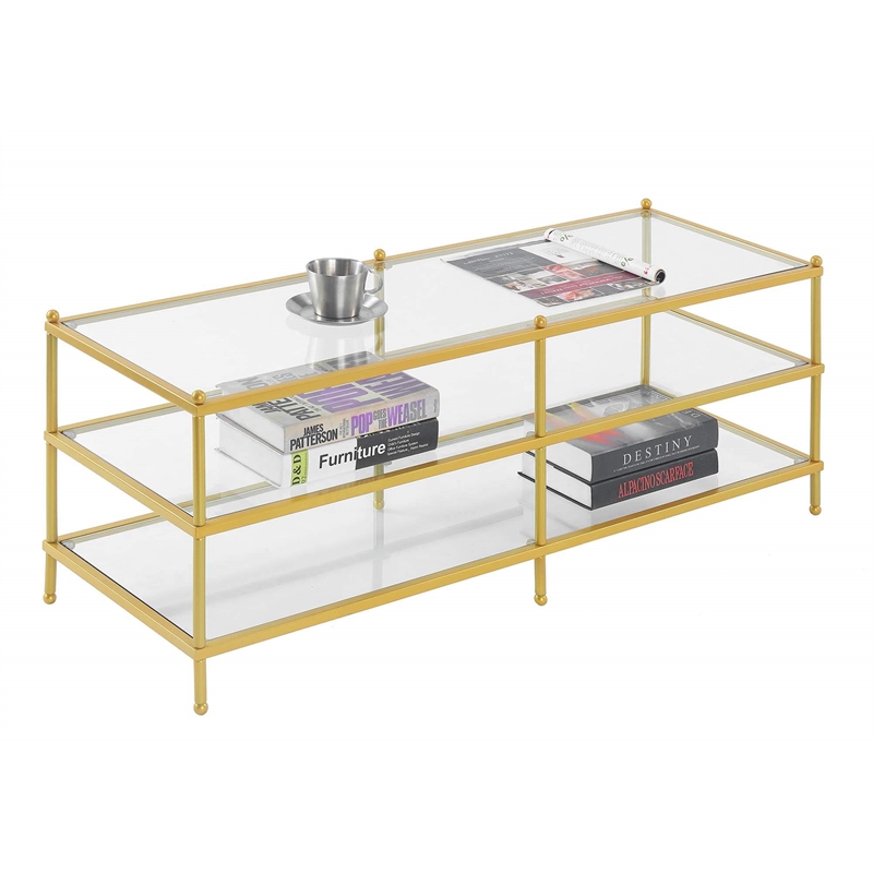 Pemberly Row Three-Tier Gold Metal Coffee Table With Clear Glass Shelves
