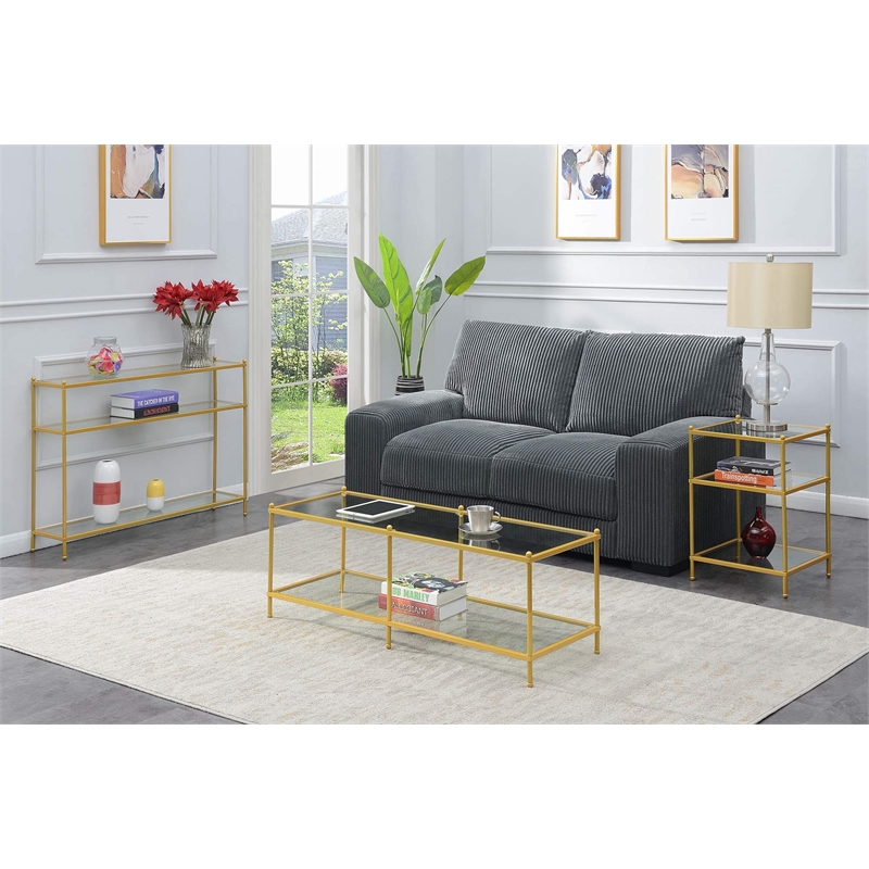 Pemberly Row Three-Tier Gold Metal Coffee Table With Clear Glass Shelves