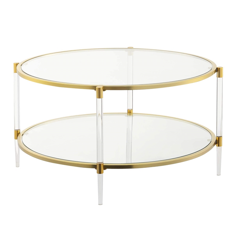Pemberly Row Acrylic Clear Glass Coffee Table w/ Gold Frame