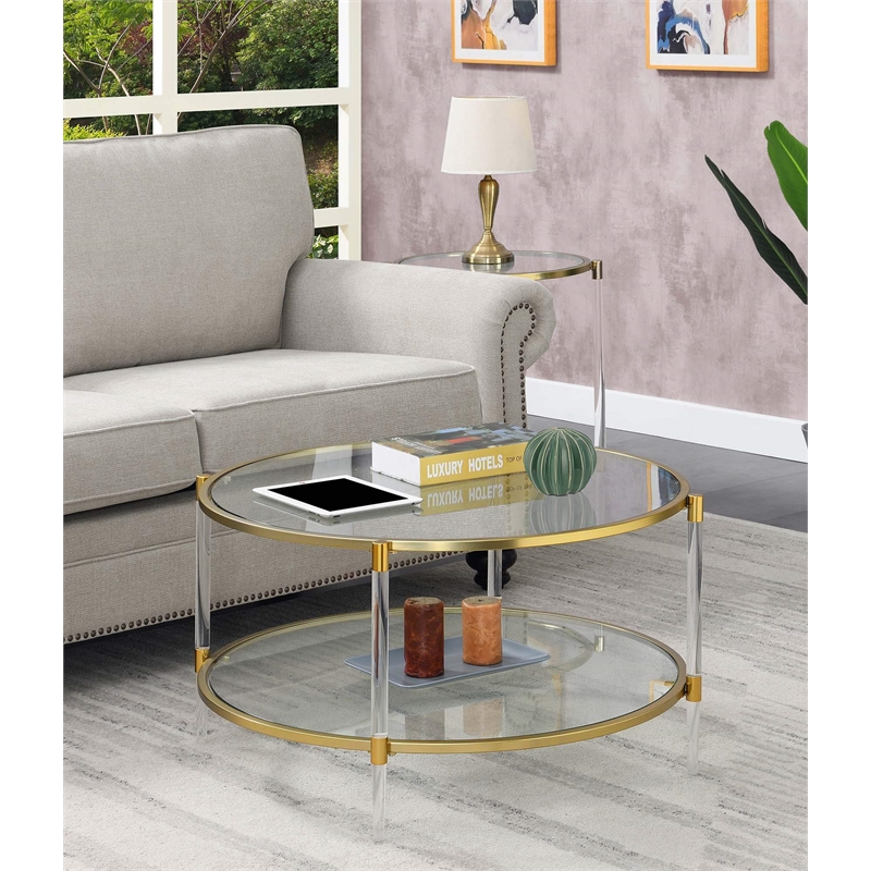 Pemberly Row Acrylic Clear Glass Coffee Table w/ Gold Frame