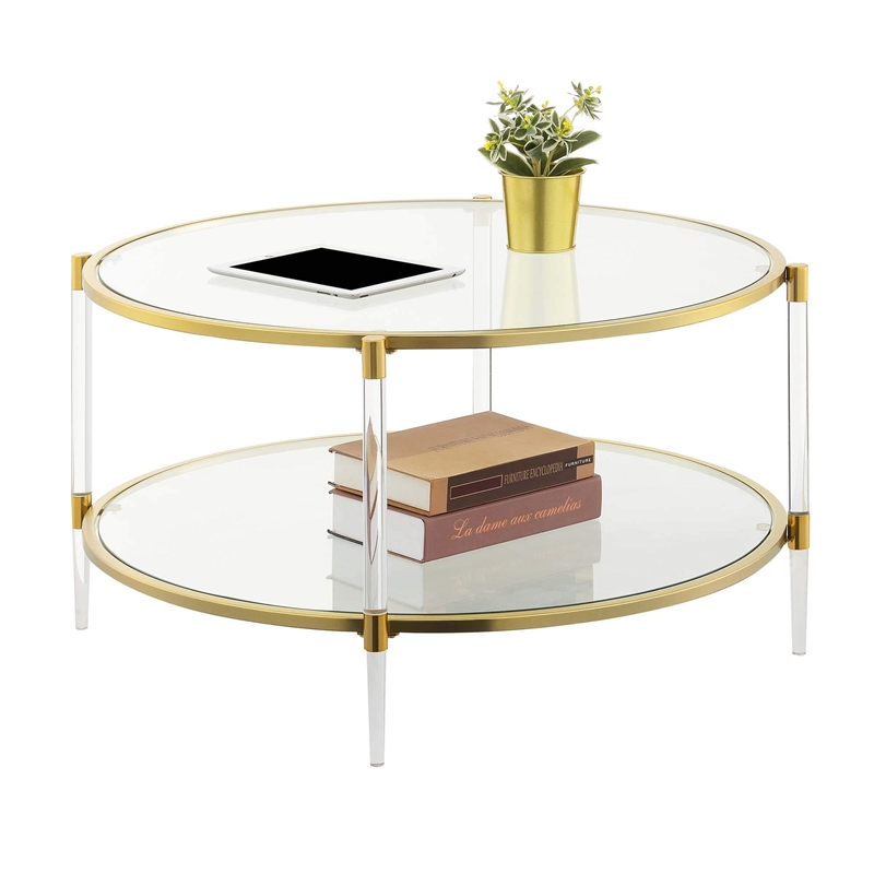 Pemberly Row Acrylic Clear Glass Coffee Table w/ Gold Frame