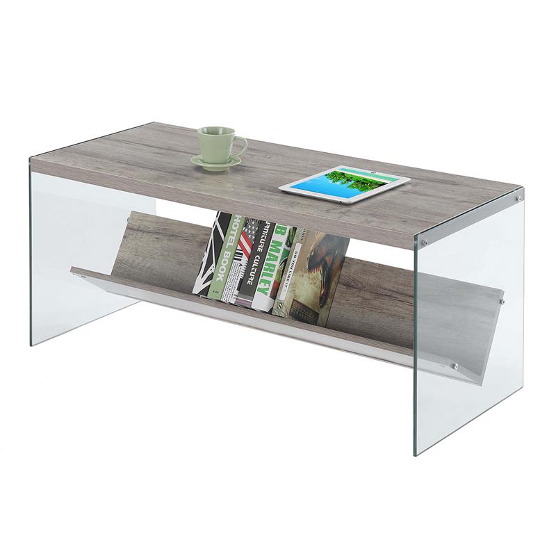 Pemberly Row Coffee Table in Driftwood Finish and Glass Sides