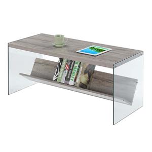 pemberly row coffee table in driftwood finish and glass sides