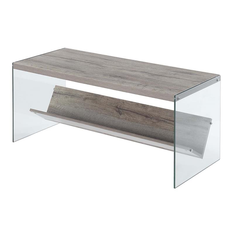 Pemberly Row Coffee Table in Driftwood Finish and Glass Sides