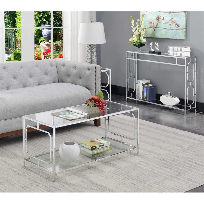 Pemberly Row Modern Coffee Table in Clear Glass and Chrome Frame