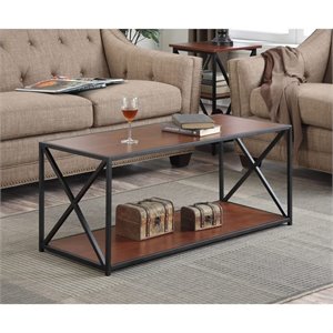 pemberly row coffee table in black metal and cherry wood finish