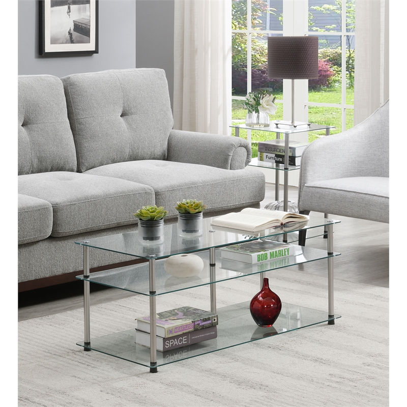 Pemberly Row ThreeTier Coffee Table with Clear Glass Shelves Cymax