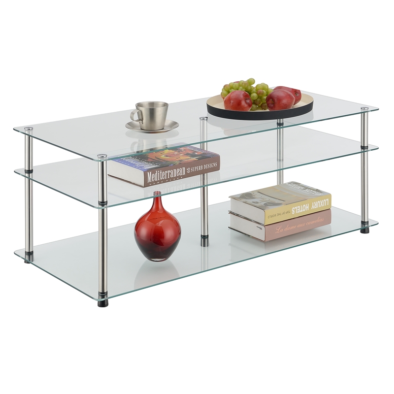 Pemberly Row Three-Tier Coffee Table with Clear Glass Shelves