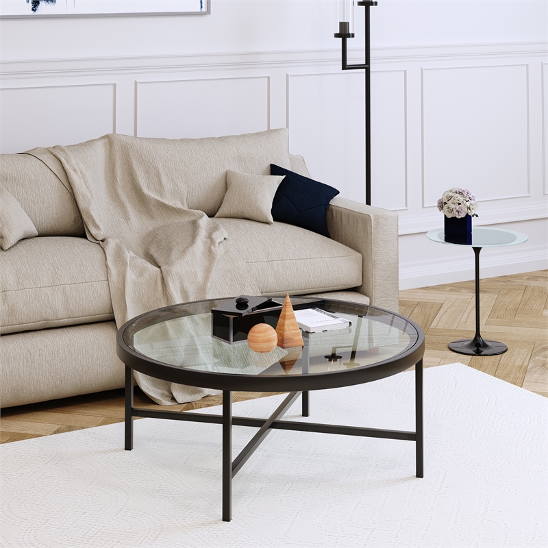 Pemberly Row Round Metal Base Coffee Table in Black and Bronze