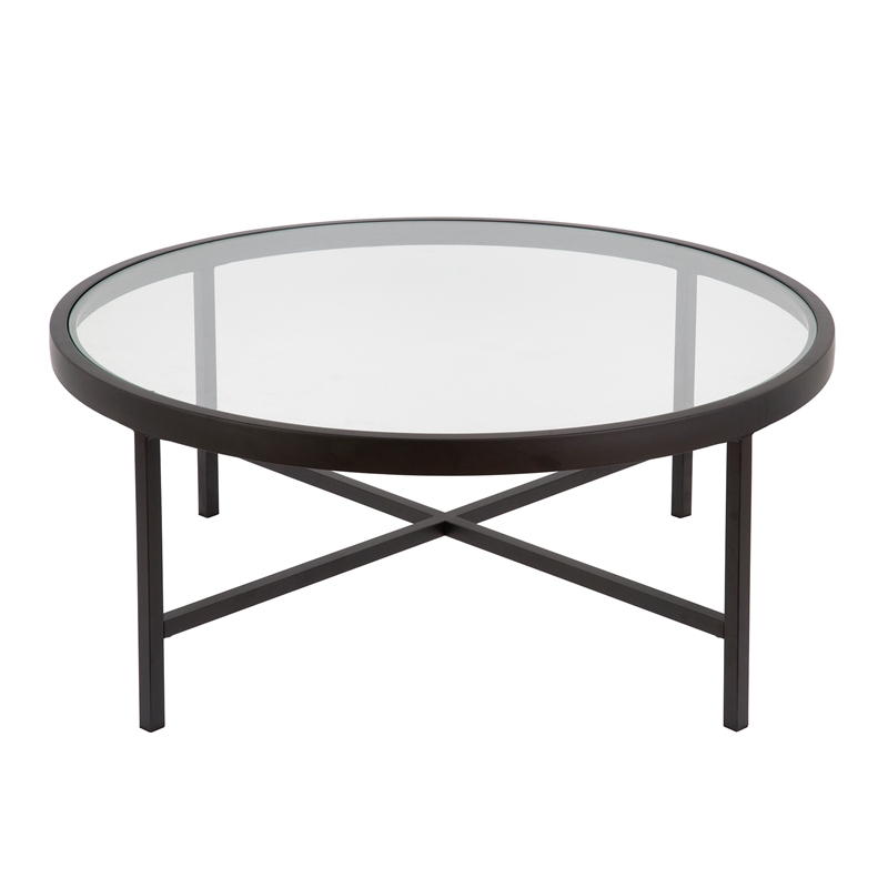 Pemberly Row Round Metal Base Coffee Table in Black and Bronze