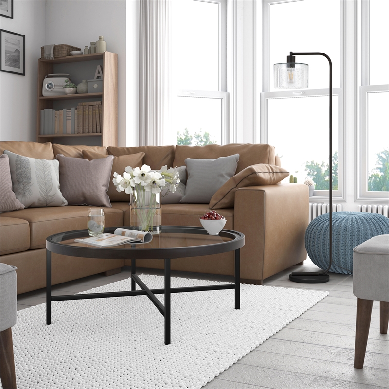 Pemberly Row Round Metal Base Coffee Table in Black and Bronze