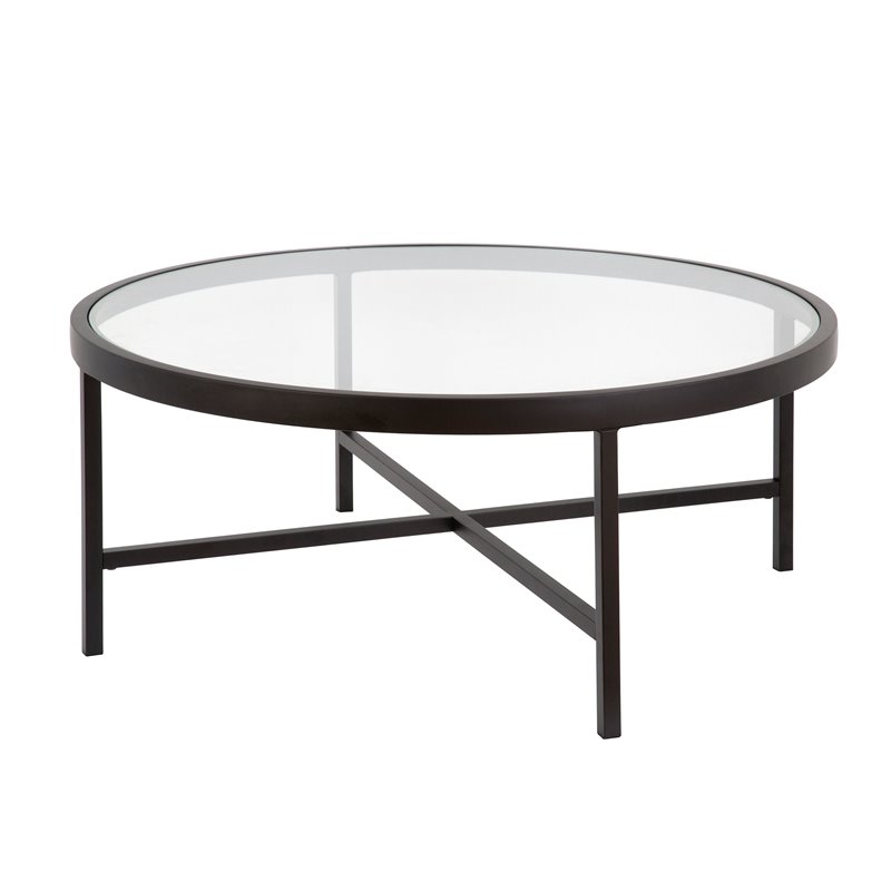 Pemberly Row Round Metal Base Coffee Table in Black and Bronze