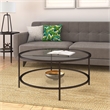 Pemberly Row Two Shelf Round Metal Base Coffee Table in Black with Glass Top