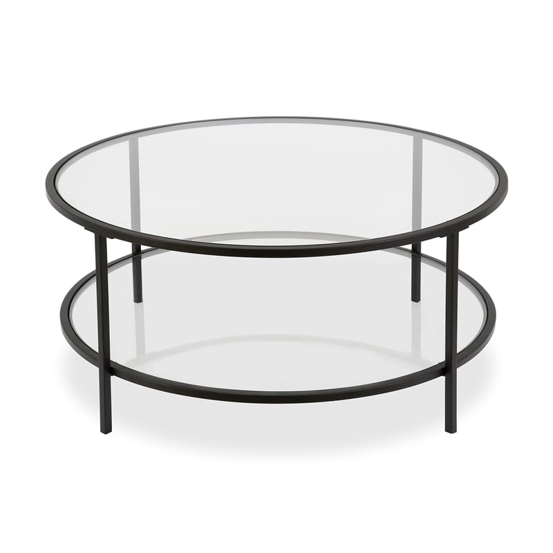 Pemberly Row Two Shelf Round Metal Base Coffee Table in Black with Glass Top