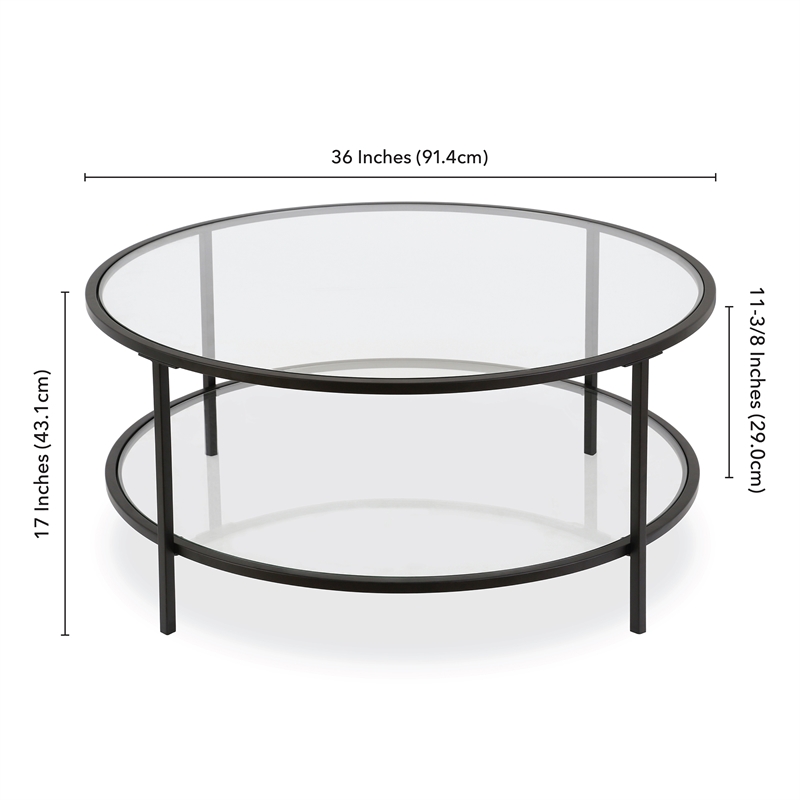 Pemberly Row Two Shelf Round Metal Base Coffee Table in Black with Glass Top