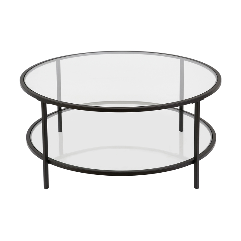 Pemberly Row Two Shelf Round Metal Base Coffee Table in Black with Glass Top