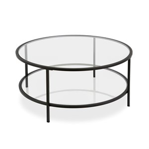 Pemberly Row Two Shelf Round Metal Base Coffee Table in Black with Glass Top