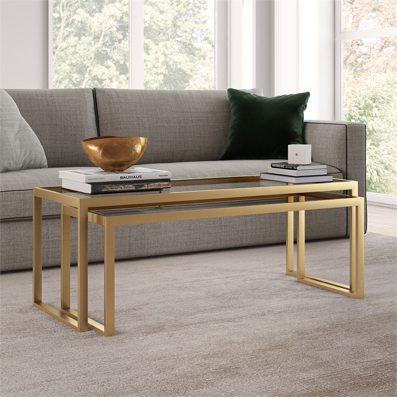 Pemberly Row Metal Rectangle Nested Coffee Tables in Brass with Glass Top