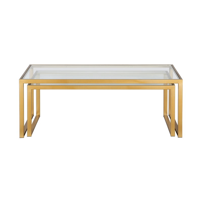 Pemberly Row Metal Rectangle Nested Coffee Tables in Brass with Glass Top