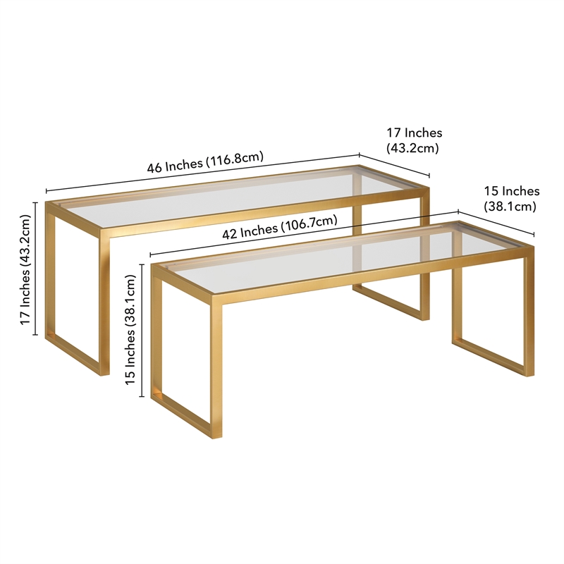 Pemberly Row Metal Rectangle Nested Coffee Tables in Brass with Glass Top