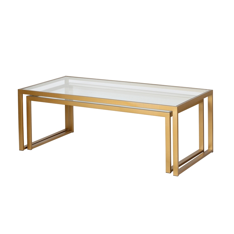 Pemberly Row Metal Rectangle Nested Coffee Tables in Brass with Glass Top