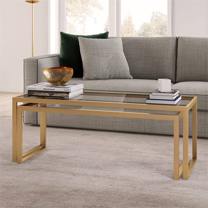 Pemberly Row Metal Rectangle Nested Coffee Tables in Brass with Glass Top