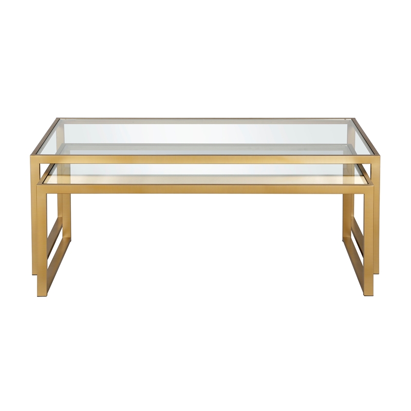 Pemberly Row Metal Rectangle Nested Coffee Tables in Brass with Glass Top
