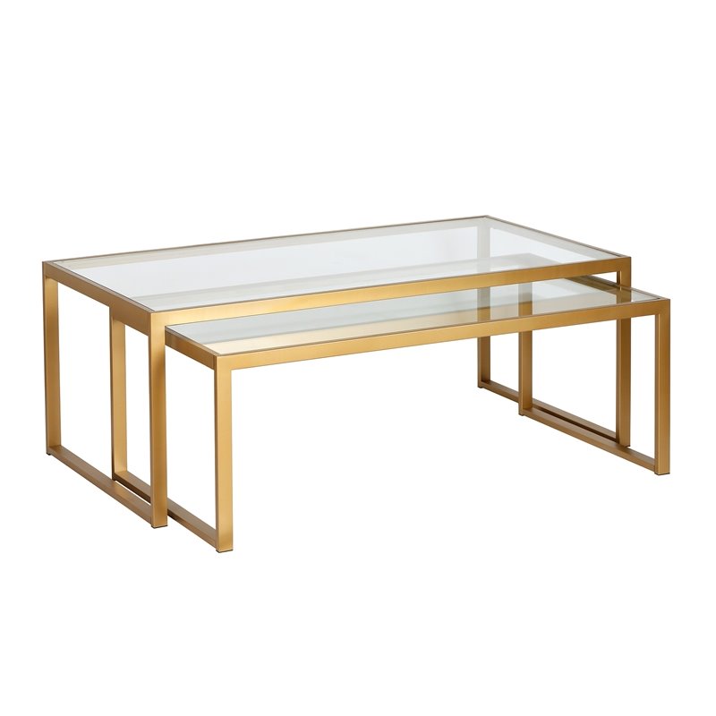 Pemberly Row Metal Rectangle Nested Coffee Tables in Brass with Glass Top