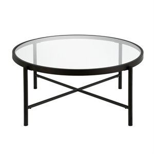Pemberly Row Metal 36&quot Round Glass Top Coffee Table in Black and Bronze