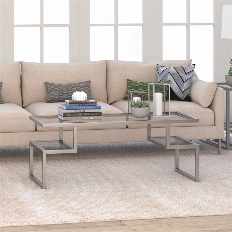 Pemberly Row Metal Satin Nickel and Gray Coffee Table with Glass Top