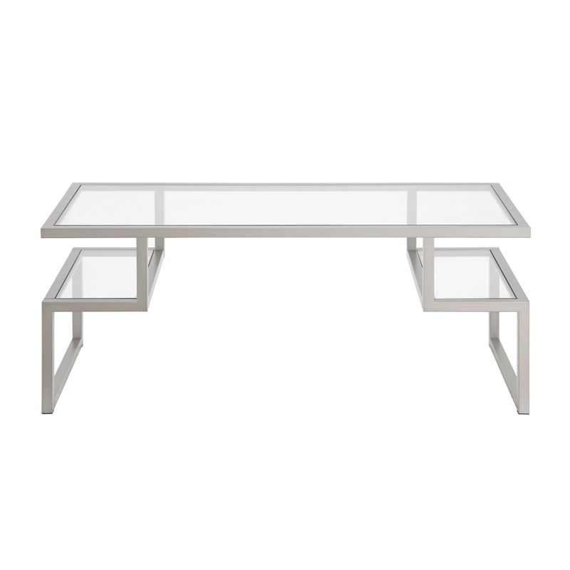 Pemberly Row Metal Satin Nickel and Gray Coffee Table with Glass Top