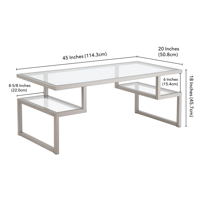 Pemberly Row Metal Satin Nickel and Gray Coffee Table with Glass Top