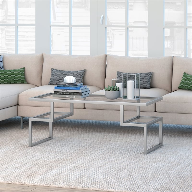Pemberly Row Metal Satin Nickel and Gray Coffee Table with Glass Top