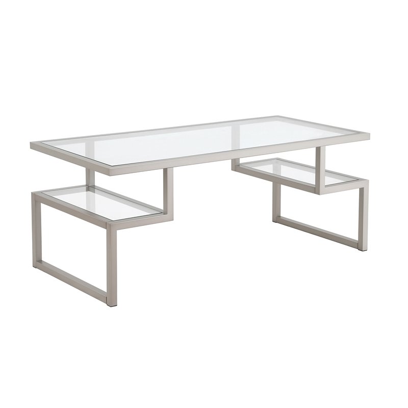 Pemberly Row Metal Satin Nickel and Gray Coffee Table with Glass Top