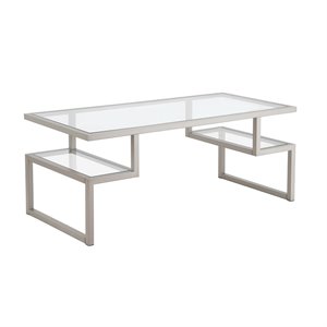 Pemberly Row Metal Satin Nickel and Gray Coffee Table with Glass Top