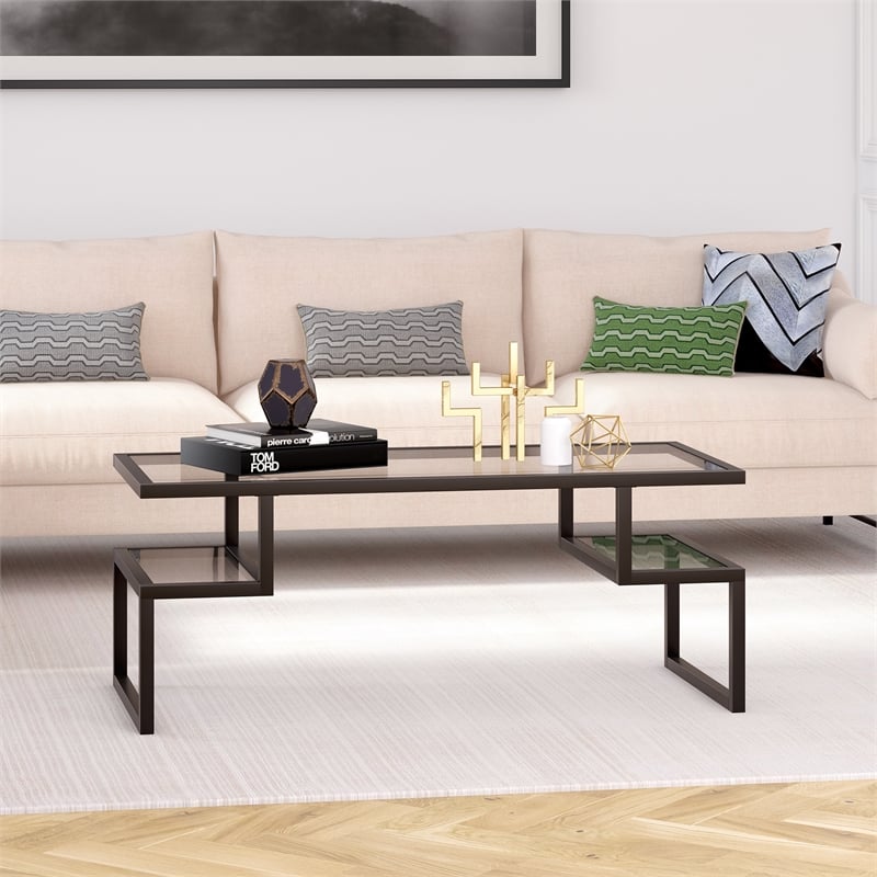 Pemberly Row Metal Black and Bronze Coffee Table with Glass Top