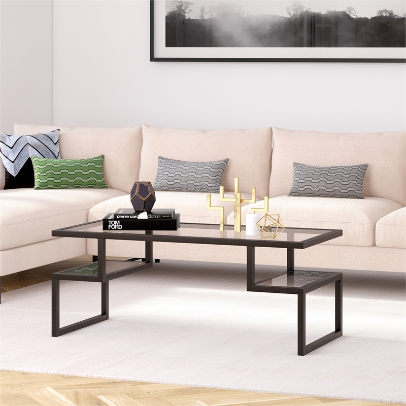 Pemberly Row Metal Black and Bronze Coffee Table with Glass Top