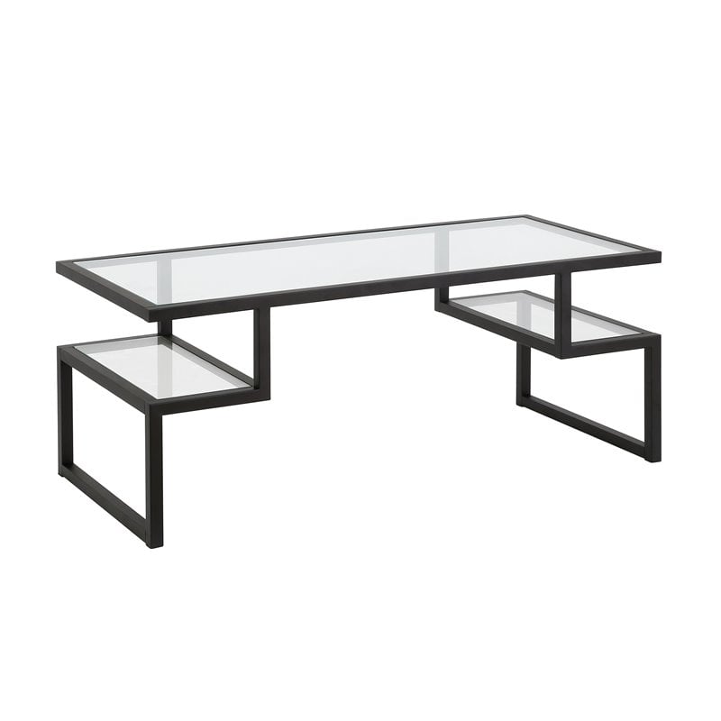Pemberly Row Metal Black and Bronze Coffee Table with Glass Top