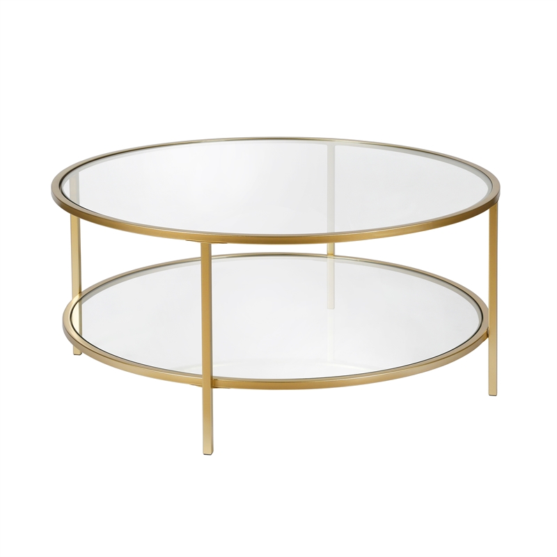 Pemberly Row Round Metal Base Coffee Table in Brass with Glass Top