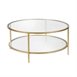 Pemberly Row Round Metal Base Coffee Table in Brass with Glass Top